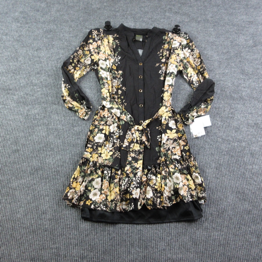 Taylor Dress Womens 10 Black Floral Fit & Flare Shirt Dress Belted Ruffle NWT